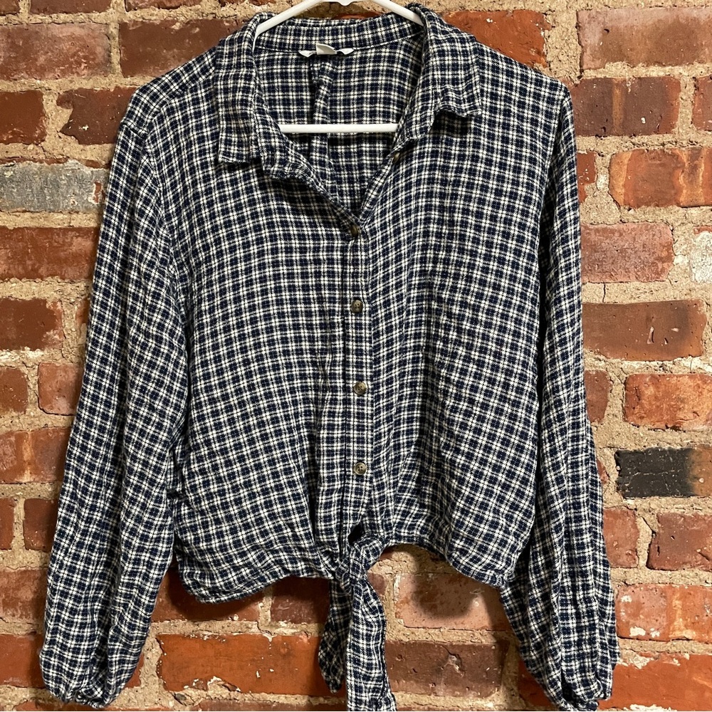 Vintage American Eagle navy white checkered square long sleeve blouse sz small